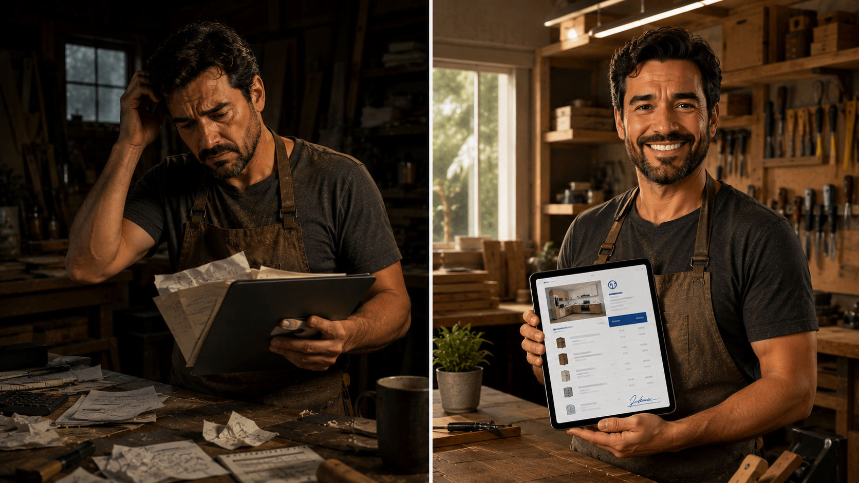 Antes e depois de usar software de orçamento na marcenaria