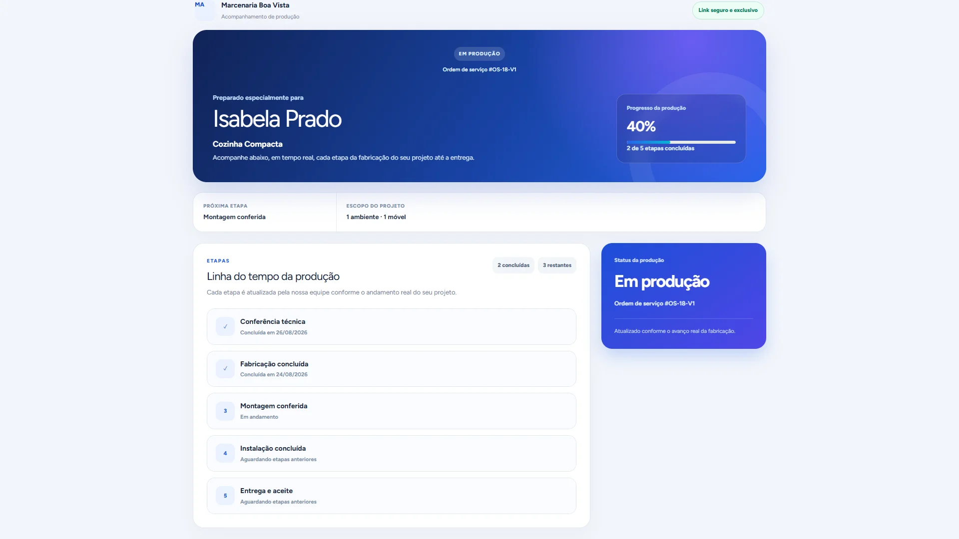 Tela de acompanhamento em tempo real para o cliente do marceneiro